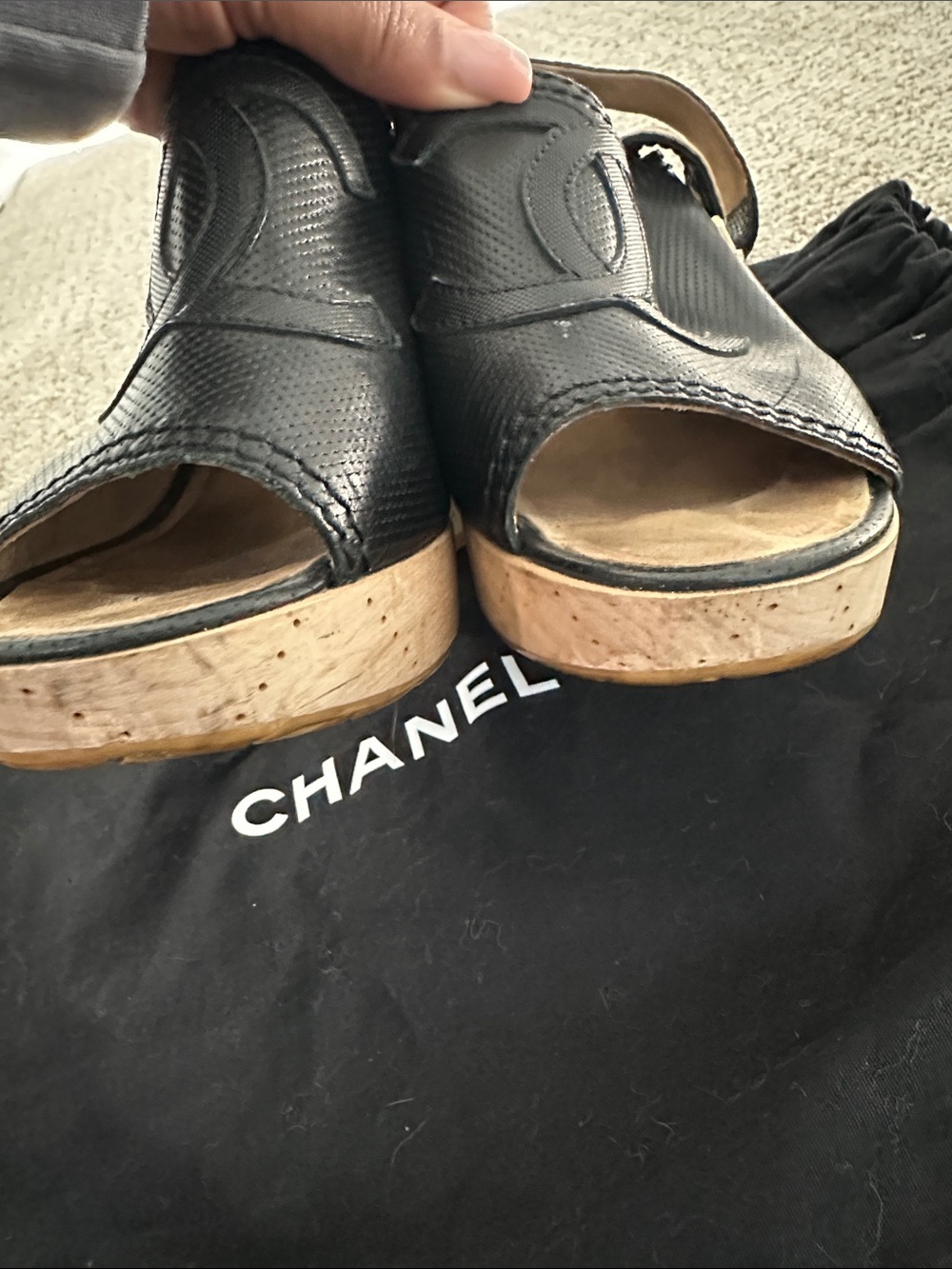 CHANEL Black Leather Peep-Toe Cork Block Heel Mules - Picture 6 of 10